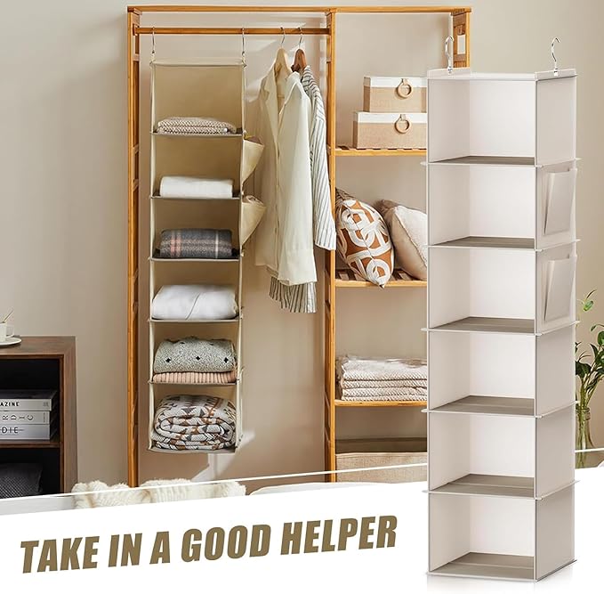 2 Pack 6-Shelf Hanging Closet Storage,Strong Frame Beige Closet Organizer with Side Pockets for Clothes and Accessories, Closet Organizers and Storage Solution, Send Goods from Local Warehouse