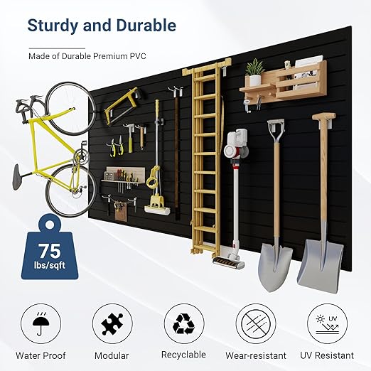 Slatwall Panel 8 FT x 4 FT, Interlocking Slat Wall Paneling, Wall Mounted PVC Wallpanel, Suitable for Garage Storage and Organizer, Slatwall Board, Shelves - Black