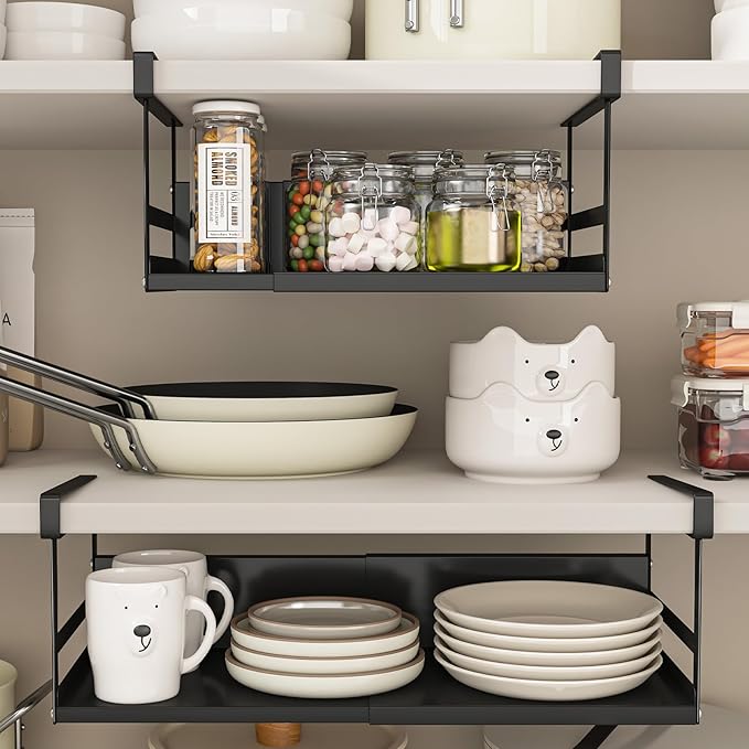 Expandable Under Cabinet Shelf Organizer with 1.25 Inches Thick Clips, Heavy Duty Extendable Under Shelf Storage Basket for Pantry or Laundry Room, Black, 1 Pack, Interior: 5.7" H x 8.54" D