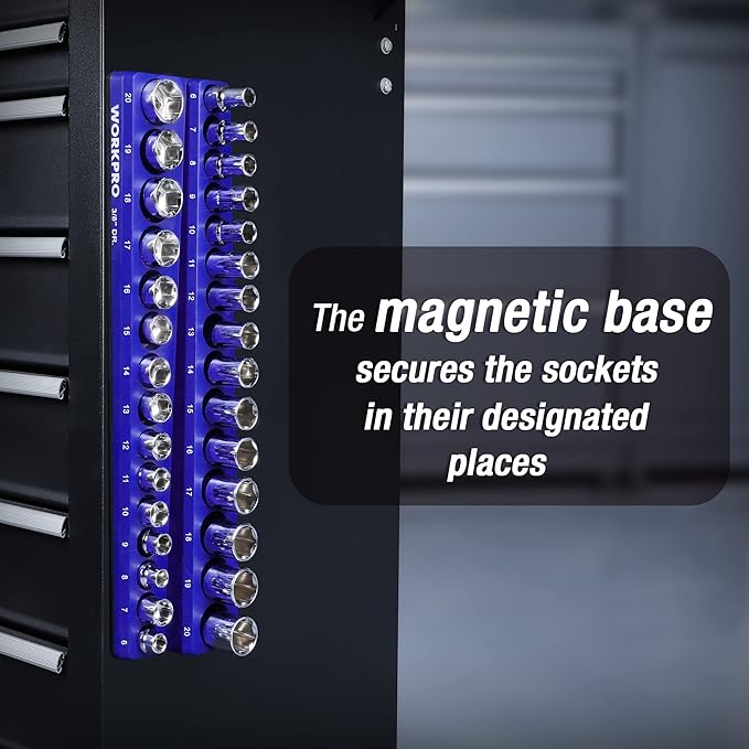 WORKPRO Magnetic Socket Organizer, 3/8-Inch Metric Socket Holder, Socket Trays Holds 30 Pieces Standard Size and Deep Size Sockets(Sockets not Included)