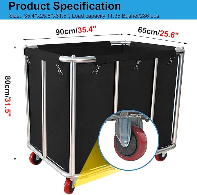 Laundry Cart Commercial Black,11.35 Bushel Large Industrial Rolling Laundry Hamper with 4 Inch Wheels,Household Heavy Duty Laundry Baskets with Stainless Steel Frame, 260 LBS Weight Capacity