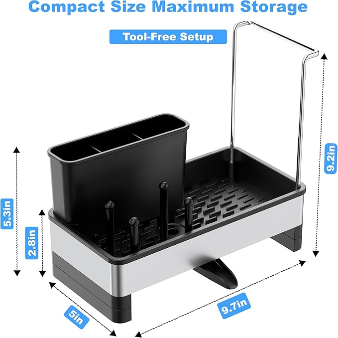 Kitchen Sink Caddy Organizer with Dish Brush Holder, Stainless Steel Sponge Holder with Dish Cloth Rack, Soap Sponge Caddy for Kitchen Countertop Sink Organizer and Storage Essentials