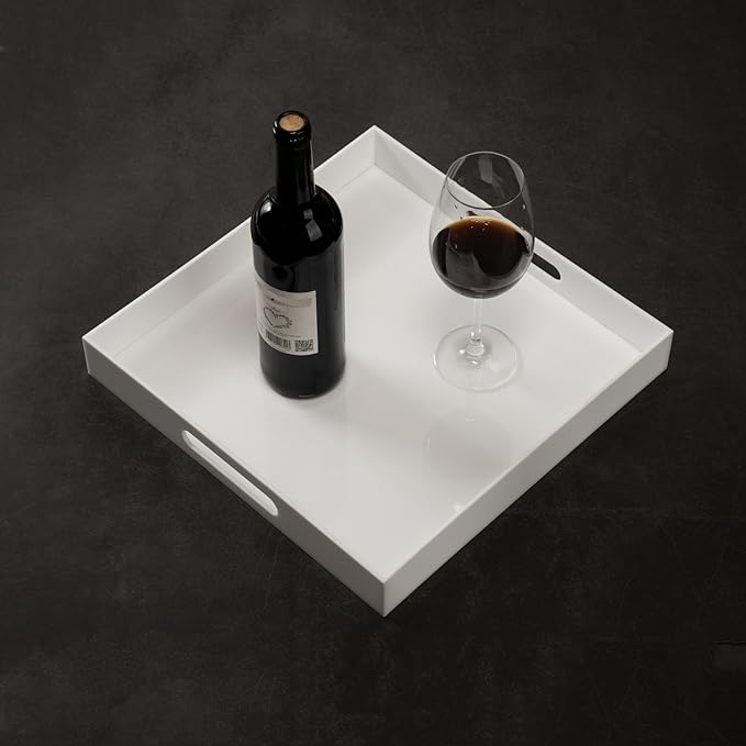 Glossy White 21"X21"X2" Decorative Tray Extra Large Sturdy Acrylic Serving Tray with Handles Countertop Organizer Tray for Ottoman Kitchen Bathroom Office Bar Decorative Tray