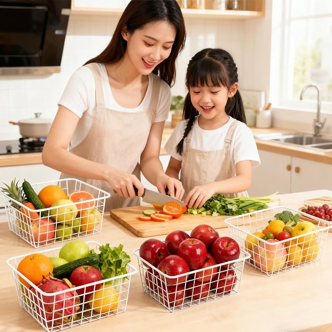 4 Pack White Wire Baskets for Pantry, 11" Upright Wire Freezer Storage Bins with Handles, Small White Metal Storage Basket for Freezer Organizing Office Kitchen Closets
