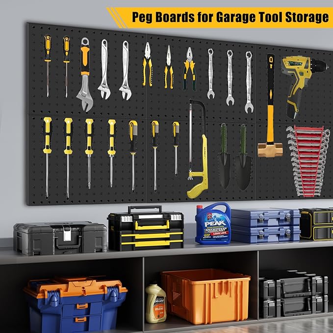 PBHEPJ 6 Pcs Metal Pegboard Panels, Heavy Duty Peg Boards for Garage and Garden Tool Storage, Includes Drywall Anchors and Screws Kits, Black (6 pcs 16in x 12in)