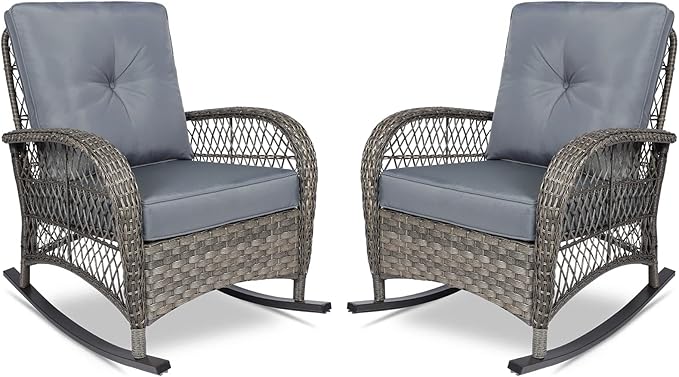 VIVIJASON 2 Piece Patio Wicker Rattan Rocker Chair, Outdoor Rattan Rocker Chair with Cushions & Steel Frame, All-Weather Rocking Lawn Wicker Furniture for Garden Backyard Porch (Grey)