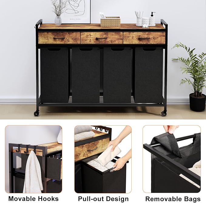 Laundry Hamper, Laundry Sorter 4 Sections, Rolling Laundry Basket with Wheels, 3 Drawers, 4 × 14.5 Gal (55 L), Pull-Out and Removable Oxford Fabric Bags, Black and Rustic Brown