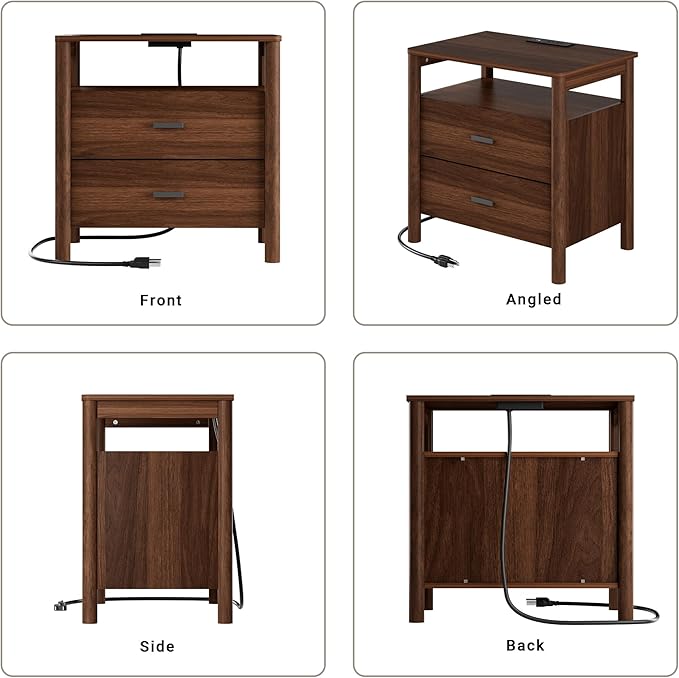 Night Stand Set of 2 with Charging Station, 24" Large Modern Side Table with Solid Round Post Legs, 2 Drawers End Table with Open Shelf, Nightstand for Bedroom, Walnut