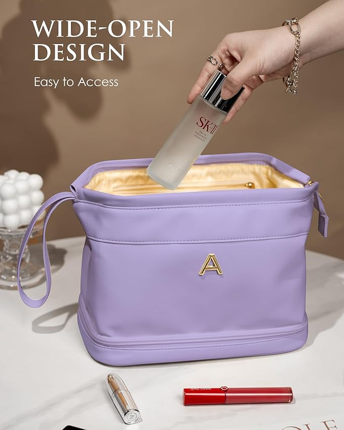 Initial Makeup Bags, Friend Gifts, Personalized Double Layer Cosmetic Bag with Makeup Brush Organizer, Waterproof, Large Capacity PU Leather Travel Toiletry Bag, Birthday Gifts for Girls