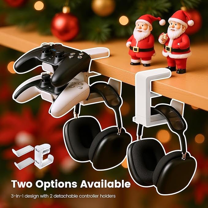 [Xmas Gifts] 3-in-1 PC Gaming Headset&Controller Holder - EURPMASK Headphone Stand w/Adjustable Clamp&2 Controller Holder&Rotating Arm&Cable Organizer,Christmas Card,Bag,Box,Stocking Stuffer for Gamer