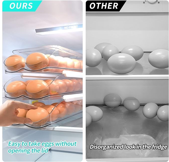 Egg Holder for Fridge, Automatic Rolling Egg Container for Refrigerator, Stackable Fridge Organizers and Storage with Lid, Clear Plastic Egg Dispenser & Tray (2 Tier)