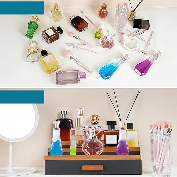 3 Tier Wood Perfume Display Stand | Perfume Organizer Shelf with Drawer | Multifunction Bathroom Storage, Vanity Counter Organizer for Beard Grooming, Shaving Lotion, Watches, Sunglasses, Cologne
