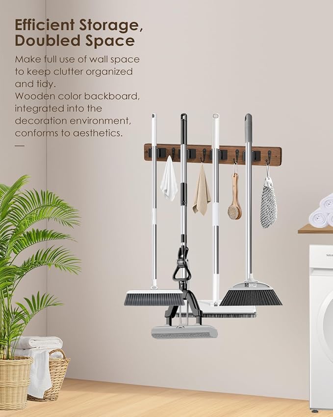 Broom Holder Wall Mounted, 4 Holders and 4 Hooks Mop Holder, Wooden Mop and Broom Holder with Anti slip rubber, Natural pine wood Brush Holder, Mop Wall Holde with Nail installation, Room Storage