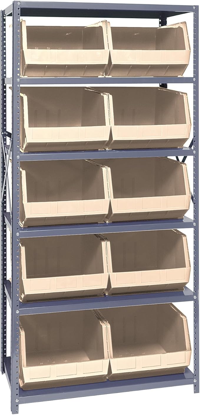 Quantum Storage Systems QSBU-270IV Giant Open Hopper Steel Shelving System, 18" D x 36" W x 75" H, with 6 Shelves and 10 QUS270 Bins, Ivory