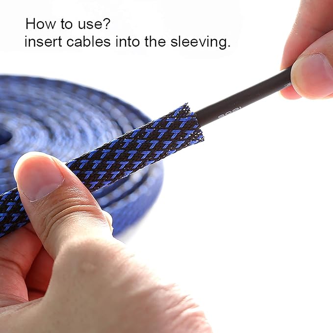 100ft - 3/4 inch PET Expandable Braided Sleeving – BlackBlue – Alex Tech Braided Cable Sleeve