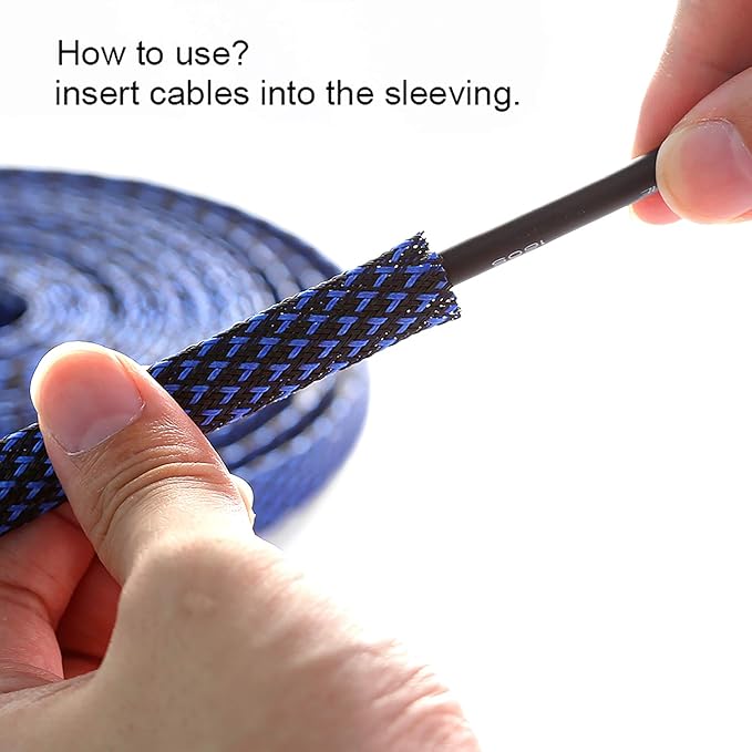 25ft - 3/4 inch PET Expandable Braided Sleeving – BlackBlue – Alex Tech Braided Cable Sleeve