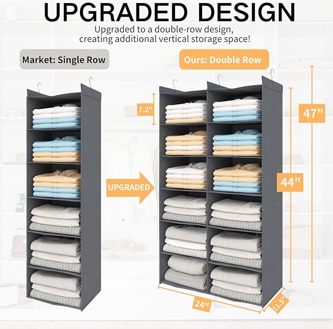 Dual-Row Hanging Closet Organizer – Foldable Clothes Storage Shelves with 3 Hooks, Space-Saving Wardrobe Organizer for Dorm Rooms, Bedroom or Closet (Grey, 6 Tier)