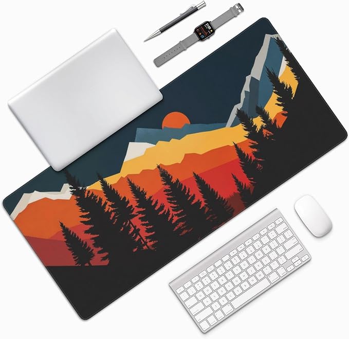 Colorful Mountain Forest Large Mouse Pad, Vintage Aesthetic Gaming Desk Mat, XXL Keyboard Desk Pad Mat for Desktop, 35.4"x15.7" Non-Slip Base Big Mousepad with Stitched Edges