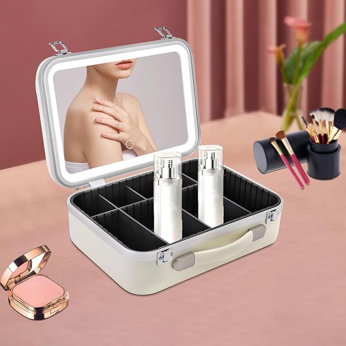 White Rectangular Makeup Case with Mirror, Travel Makeup Bag with Adjustable LED Light in 3 Colors, Portable Train Suitcase for All Kinds of Cosmetics