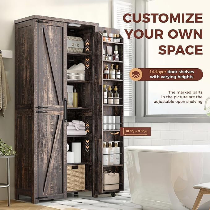 Farmhouse Kitchen Pantry Cabinet, 72" Tall Storage Cabinet with Adjustable Shelves，Farmhouse LED Food Storage with 2 Barn Doors for Kitchen, Dining Room, Living Room