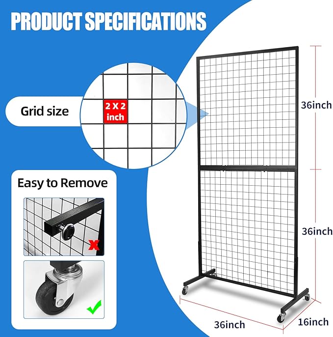 3'x 6' Gridwall Panel Display Stand with T-Base, Black Wire Grid Wall Panels with Wheels, Craft Display Rack, Art Display Stand, Retail Display, Show Rack