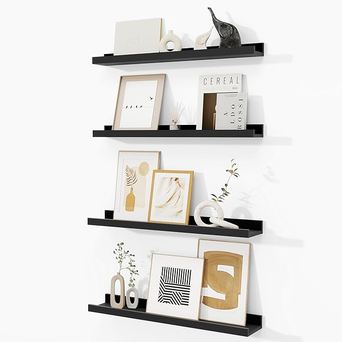 Fun Memories Picture Ledge Shelf, Black Floating Shelves Set of 4, 24 Inch Picture Shelves for Wall with Ledge, Large Nursery Book Shelf for Toys Storage, Living Room, Bedroom Decor Frames