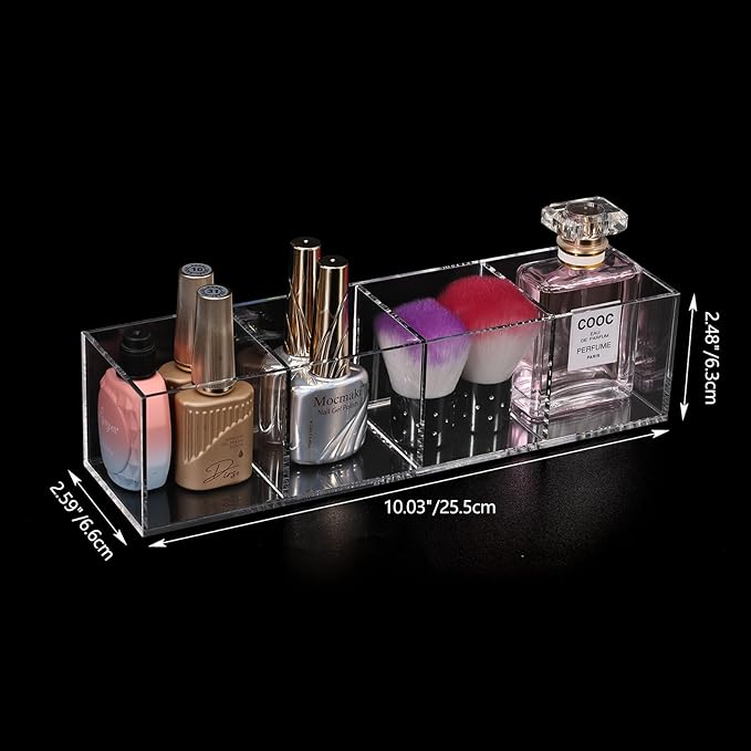 dedoot Acrylic Drawer Organizers 4-Section Clear Plastic Makeup Drawer Organizer Storage Container Acrylic Cube for Vanity Drawer Makeup Brush, Beauty Accessories-10x2.5x2.3 Inch,2 Pack