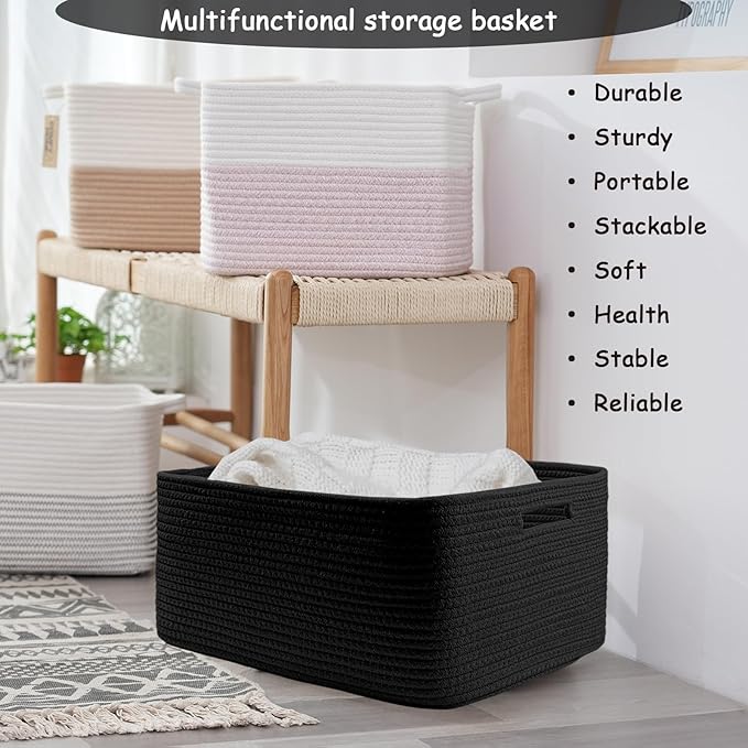 COMFY-HOMI Cotton Rope Woven Basket with Handles for Shelves,Toys,Book, Cloth Storage Baskets Bin for Organizing- 1 PCSToy Decorative Organizer for Living Room, Bathroom 17" x 13" x 7.5" - All Black