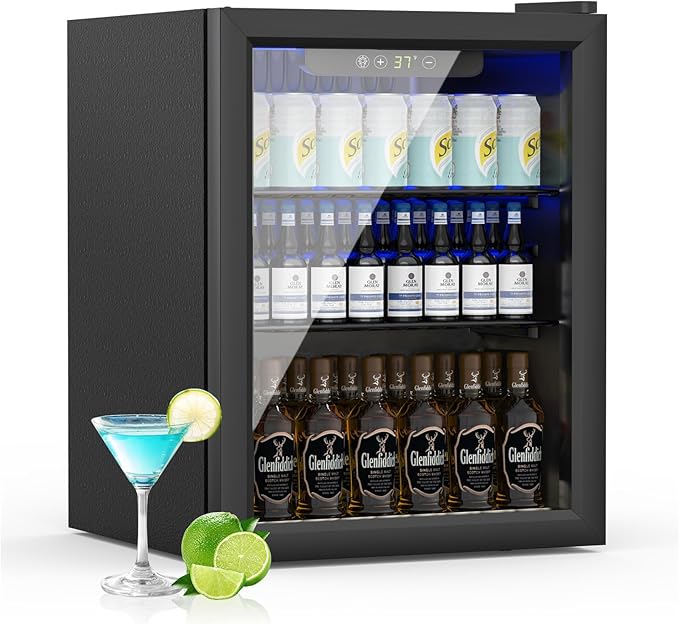 Mini Fridge 70 Can Beverage Refrigerator, 1.7 Cu.Ft Drink Fridge with Reversible Glass Door for Soda Wine Beer, Adjustable Temperature Control for Home Office Bar, Black(37-61 ℉)