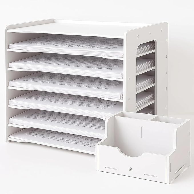 Extra Large A3 Paper Storage Unit, 11x17 Paper Organizer, Tiered Stationery Storage Rack PVC with 7 Compartments, Desk Organizer for Office and School Supplies