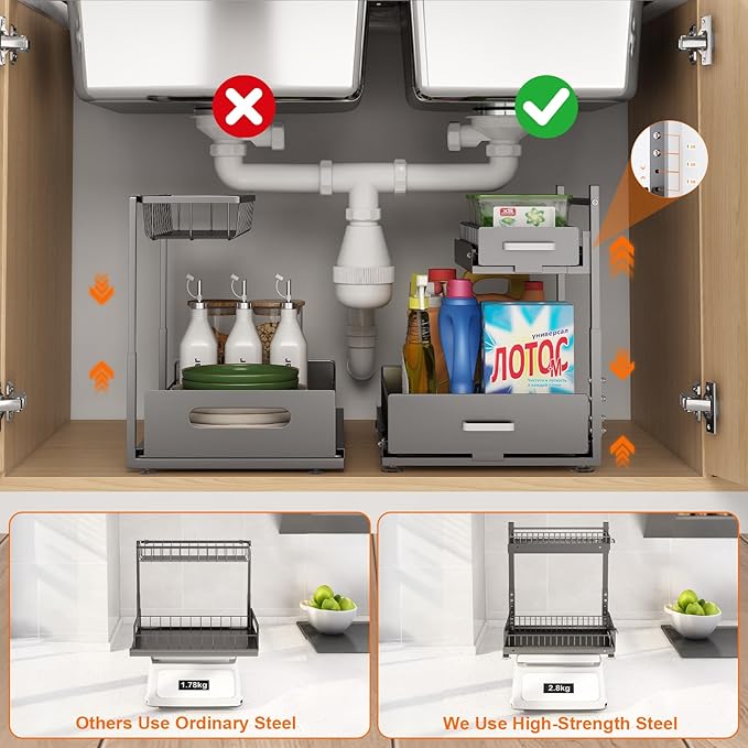 Under Sink Organizer,2 Tier Slide Out Kitchen Cabinet Organizers with Pulley,Under Bathroom Sink Pull Out Organizer with Multiple Height Adjustments for Kitchen and Bathroom Cabinets (Gray)