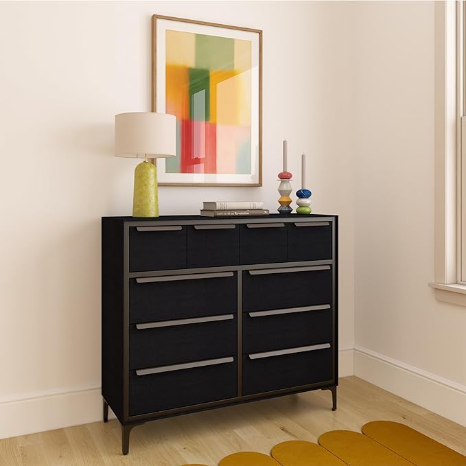 Naima Premium Fabric Dresser - Strong Metal Frame, 10 Spacious Sag-Proof Drawers with Sleek Metal Handles - Premium & Durable Storage Solution for Your Home (Black)