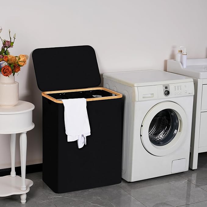 efluky Laundry Hamper with Lid, Trio Laundry Hamper with 3 Removable Bags, 3 Section Laundry Basket with Bamboo Handles for Bathroom, Bedroom & Laundry Room, 160L Black