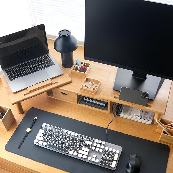 Dual Monitor Stand Riser with Drawer for Desk Laptop Desk Shelf with Adjustable Length and Angle, Bamboo Computer Stand Riser for 2 or 3 Monitors Screen Laptop PC TV -Natural