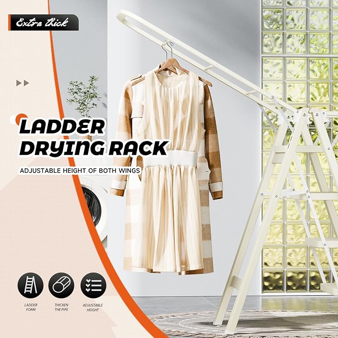 Multi-Functional 5 Step Ladder Used as Clothes Drying Rack,Sturdy Carbon Steel Ladder,Widened Pedal,Foldable & Portable Clothes Drying Rack, Space-Saving Design Indoor&Outdoor Drying (White)