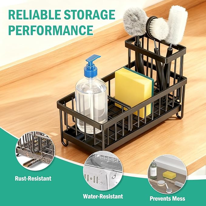 Sponge Holder for Kitchen Sink, Sink Caddy Organizer with High Brush Holder & Auto-Drain Tray, Rustproof Stainless Steel Countertop Storage for Soap Dispenser and Dish Brush, Fast Local Shipping