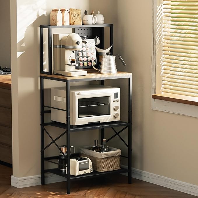 Kitchen Bakers Rack with Pegboard, 4-Tiers Coffee Bar Table, Heavy-Duty Metal Microwave Stand, Adjustable Storage Shelf Rack for Living Room, Garage, Office