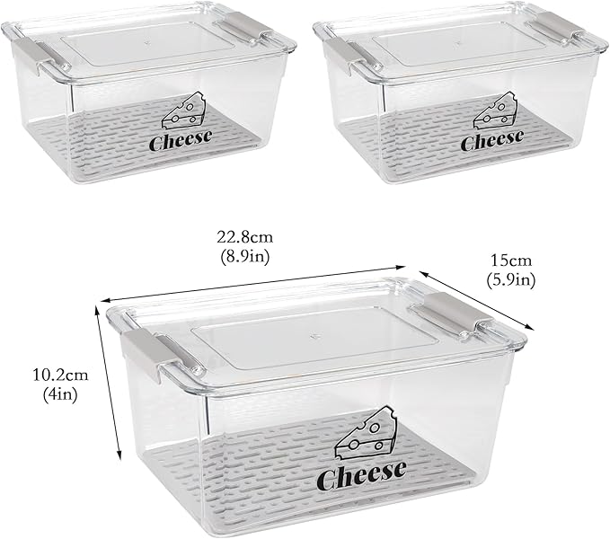 Cheese Holder Food Storage, Airtight Cheese Storage Box with Lid- Non Toxic, Lunch Meat Storage Sandwich Ham Cheeses Salami Sliced Turkey for Refrigerator to Keep Food Fresh,Clear-3Pack