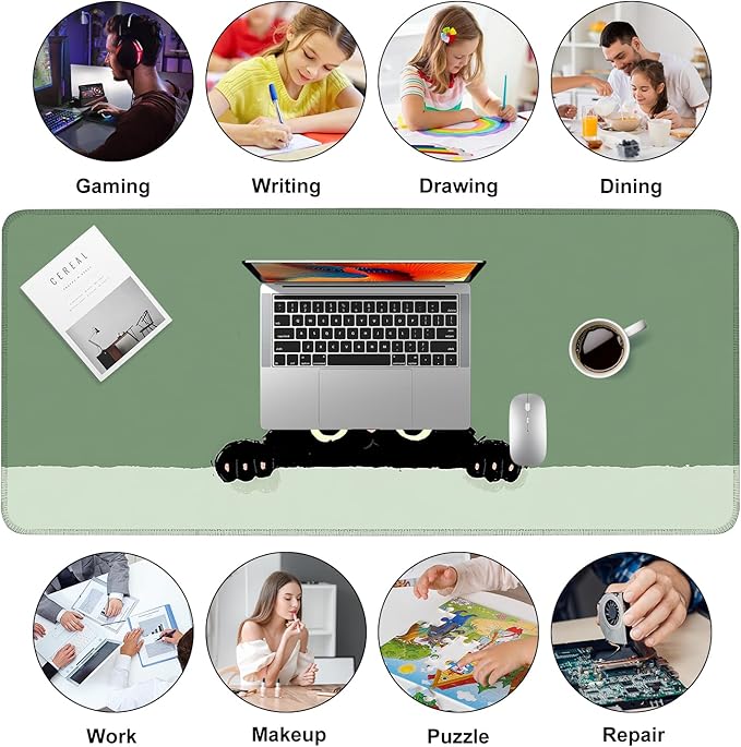 Cute Black Cat Large Mouse Pad – Extended Desk Mat 35.43 x 15.75 in – Kawaii Kitty Peeking Over Edge, Green Background, Non-Slip Rubber Base, Waterproof Keyboard & Mouse Pad for Office or Gaming