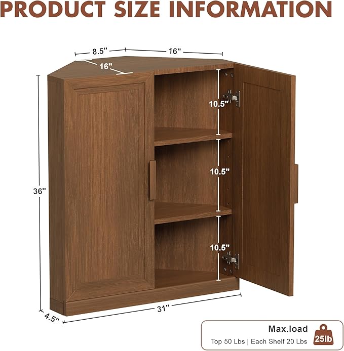 Casaphoria Farmhouse Corner Cabinet, Wooden Corner Storage Cabinet with Adjustable Shelves, Narrow Storage Organizer for Small Space, 36" H x 31" W x 16" D, 51Lb, Walnut