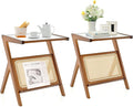GOFLAME Rattan Side Table Set of 2, Z-Shaped End Table with Tempered Glass Top, Magazine Rack, Boho Night Stand, Small Coffee Table, Bamboo Accent Bedside Table for Living Room, Bedroom, Walnut