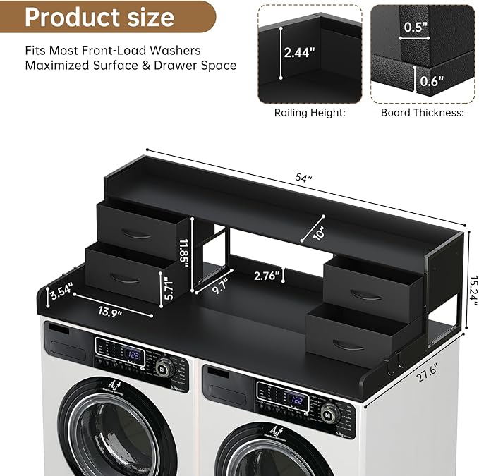 4 Drawers Washer Dryer Countertop with Shelf, 27.5" D x 54" W Laundry Topper with 3.54" High Guardrails and Non-Slip Pads,Extra Storage Organizer for Over Washer and Dryer, Holds 66 Lbs, Black