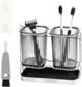 2-Pack Grey Toothbrush Holders, Wall Mounted or Countertop Toothbrush Holders with Drain Tray, All-in-One Bathroom Organizers and Storage for Toothpaste, Razors, Family & Kids (Grey)