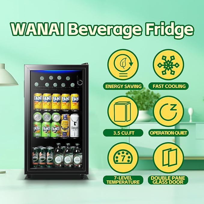 WANAI Beverage Refrigerator Cooler 3.5 Cu.Ft, 120 Can Mini Small Fridge with Glass Door LED Light and Adjustable Shelves for Soda Beer or Wine, Perfect for Home Bar Office, Black
