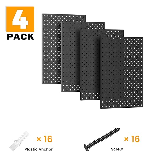 Pegboard Smith Metal Pegboard Panels, 16" x 12" Heavy-Duty Steel Peg Boards for Garage Tool Storage, Wall-Mounted Pegboard Organizer System (Pack of 4, Black)