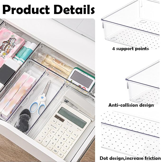 6 Pack Clear Drawer Organizer Trays Plastic Drawer Organizers Set 15 x 6 x 2 Inch Desk Drawer Divider Storage Bins Stackable Drawer Organizer Trays for Dresser Makeup Kitchen Office
