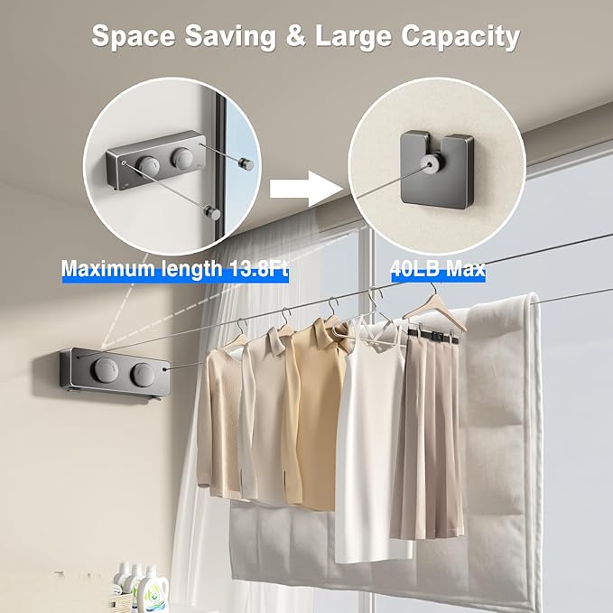 Retractable Clothesline Indoor, Non-Sagging Twin Clothes Line Retracting Outdoor Heavy Duty Clothes Drying Laundry Line Wall Mounted Stainless Steel Double Line-13.8 ft(Gray)