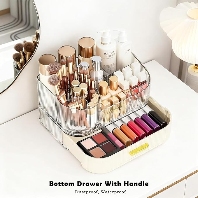 Makeup Organizer for Vanity with Stackable Drawers, 360 Rotating Makeup Brush Holder Large Cosmetic Display Case for Dresser, Bathroom Countertop Skincare Organizers and Storage