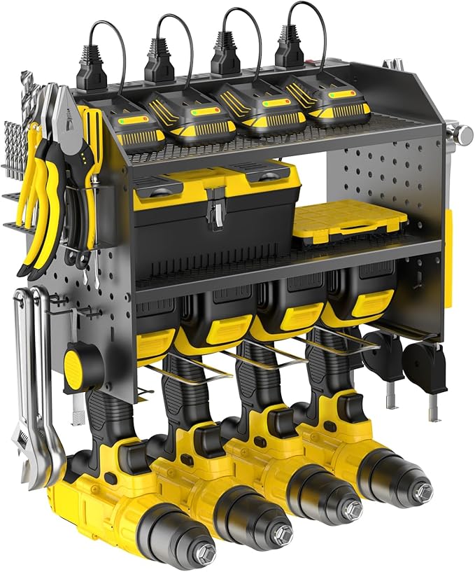 Power Tool Organizer Wall Mount with Charging Station, Drill Holder, Adjustable Layers, Heavy Duty Garage Tool Organizer Storage with 8 Outlet Power Strip, Christmas Gifts for Men, Dad, Husband