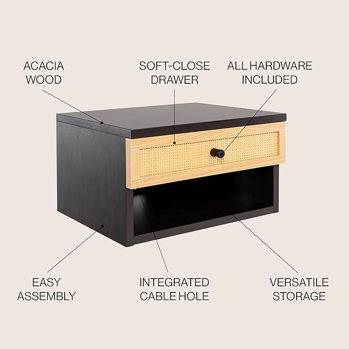 JONATHAN Y NST2000A Celerie 15.71" Mid-Century Modern Floating Wall Mounted Nightstand with Soft-Close Rattan Drawer and Cable Hole, Black/Light Oak